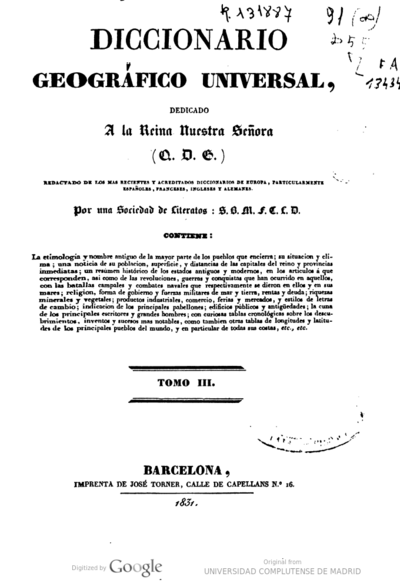 Diccionario geográfico universal dedicado a la Reina Nuestra Señora