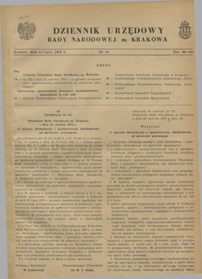 Dziennik Urzędowy Rady Narodowej M Krakowa 1970 nr 14 13 lipca