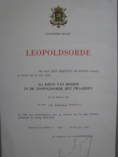 Brevet Het Kruis Van Ridder In De Leopoldsorde Met Zwaarden Van De