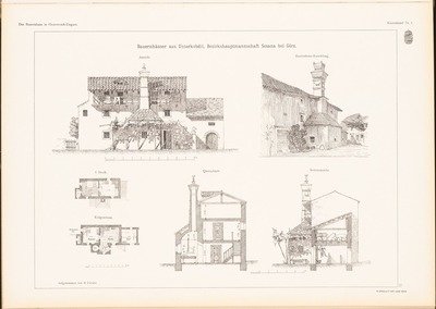 Bauernhäuser, Sesana. (Aus: Das Bauernhaus in Österreich-Ungarn, hrsg.v. Ingenieur- und Architektenverein, 1906.)