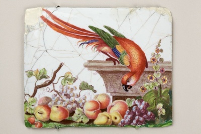 An oblong plaque transfer printed and overpainted with a long-tailed Macaw, perched on a jardiniere about to peck at fruit.
