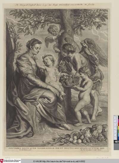 [Maria mit Kind; The Virgin and Child; La Ste Vierge et l'enfant Jésus, à qui des Anges présentent une corbeille de fruits]