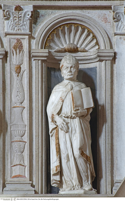 Grabmal des Bischofs Lorenzo Roverella (gest. 1474), Johannes der Täufer und die vier lateinischen Kirchenväter, Heiliger Ambrosius