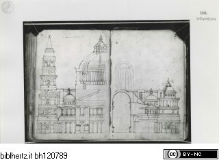 Codex Mellon (Sketchbook of Menicantonio)Rom, Sankt Peter (Fassadenprojekt und Schnitt durch die Vierungskuppel; Schnitt durch den westlichen Chorarm und seinen Umgang) - Taccuino Mellon