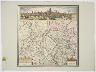 Karte der Fossa Eugeniana zwischen Rhein und Maas und Ansicht der Stadt Mecheln, 1:120 000, Kupferstich, um 1682