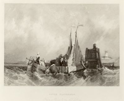 Prent naar een schilderij van A.J. Vickers. Op de voorgrond een schip met gehesen zeilen. Op het schip 2 mannen, 2 vrouwen en een kind. Op de achtergrond is een molen zichtbaar.