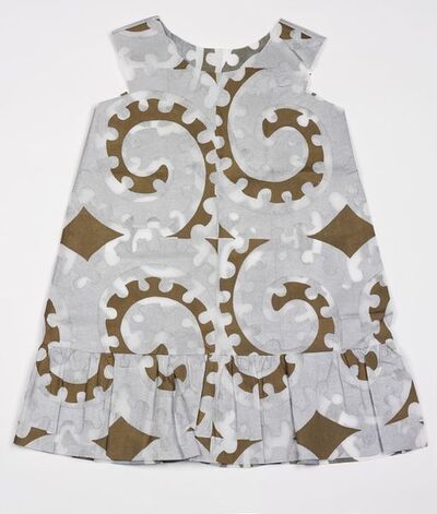 Paper dress made from bonded cellulose fibre, made by Dispo (Meyersohn & Silverstein Ltd), London, 1967.  Paper dress made from bonded cellulose fibre. Printed in brown and silver. Bonded cellulose fibre and printed. 
