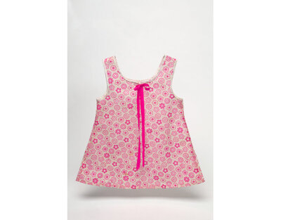 Sleeveless flared dress of white vilene printed with stylized daisies in shocking pink, with a pink ribbon bow at the neck front. Made by Diane Meyersohn as part of a range called 'The Dispo Kid'; UK, 1967.    