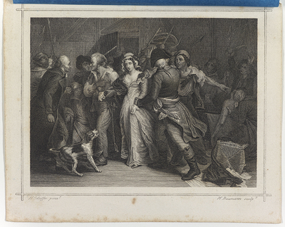 Charlotte Corday viedään pois Jean-Paul Marat'n murhaamisen jälkeen 1793