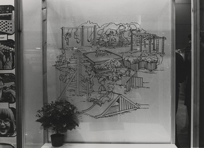 Asuntomessut Lahden Riihelässä 1978, kehystetyssä piirustuksessa lasten leikkipuiston leikkivälineitä, mm