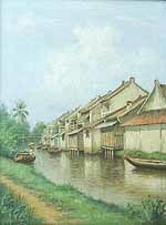 Olieverfschildering voorstellend de achterzijde van Chinese huizen aan een gracht door G. van Achterberg