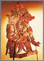 Briefkaart met een afbeelding van een wayang kulit figuur