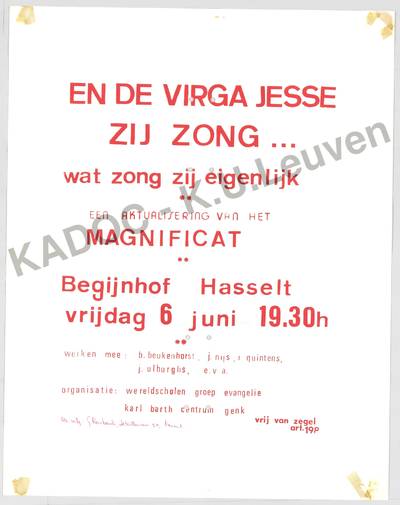Wereldscholen, opvoering 'En de Virga Jesse zij zong... wat zong zij eigenlijk? Een aktualisering van het Magnificat', Hasselt, 16 februari 1977 : aankondiging