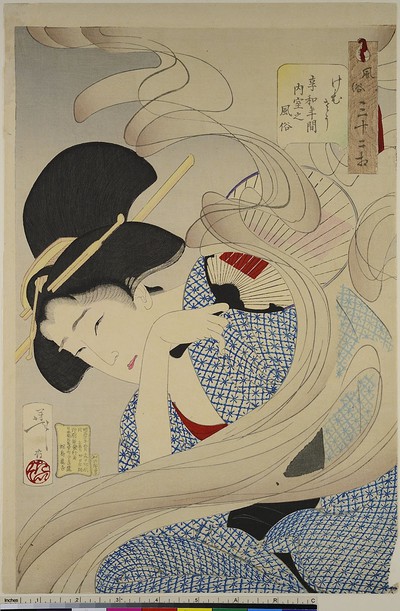 Es scheint neblig zu sein: Die Gepflogenheiten einer Hausfrau der Kyōwa-Zeit, Blatt 6 aus der Serie: 32 Aspekte von Frauen