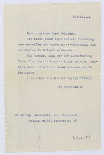 Schreiben an den Reg. Baumeister Karl Bernhard, Berlin (Brief)