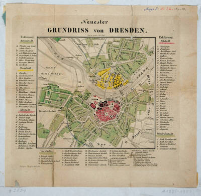Stadtplan von Dresden mit Altstadt, Neustadt und Vorstädten sowie einer Legende
