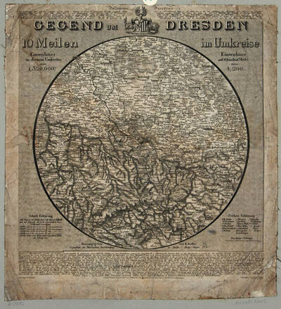 Landkarte in rundem Format von Dresden und Umgebung von Geithain im Westen bis Herrnhuth im Osten, mit Legende, historischen Erläuterungen von Dr. D. Korth und einem Maßstab in Meilen