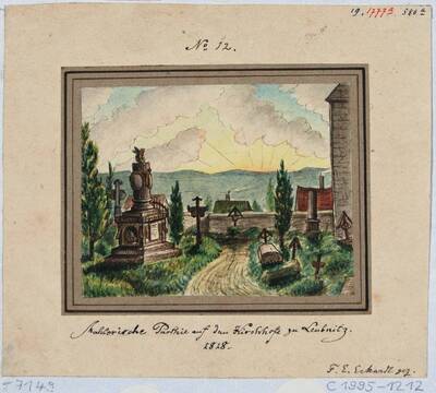 Teilansicht des Friedhofes auf dem Kirchhof der Kirche Leubnitz-Neuostra bei Dresden, Blatt Teil einer Reihe von Eckardt von 1818/1858