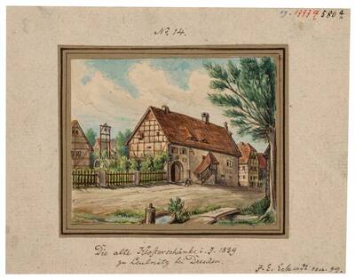 Der Gasthof "Die alte Klosterschänke" in Leubnitz (Dresden-Leubnitz-Neuostra) von 1839, Blatt Teil einer Reihe von Eckardt von 1818/1858