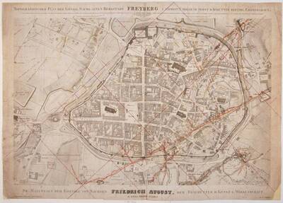 Topographische Karte der Stadt Freiberg aus dem Jahr 1835-37, mit Markierungen der sich unter der Stadt befindlichen Stollen für Erzvorkommen, vermessen von dem Topographen Heinrich Adolph Schippan
