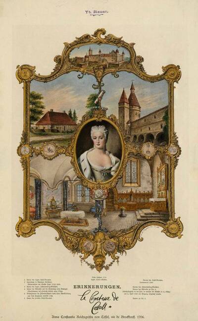 Gedenkblatt an den Aufenthalt der Gräfin Cosel auf der Burg Stolpen, Bilderbogen mit ihrem Bildnis, Burgansichten und zahlreiche Münzen