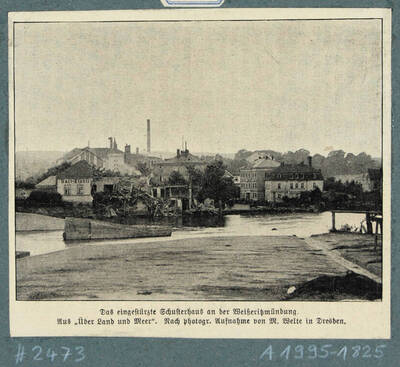 Das während des Hochwassers am 30./31. Juli 1897 zerstörte Ballhaus "Schusterhaus" an der Weißeritzmündung in die Elbe in Cotta (Dresden), davor die Reste der Weißeritzbrücke