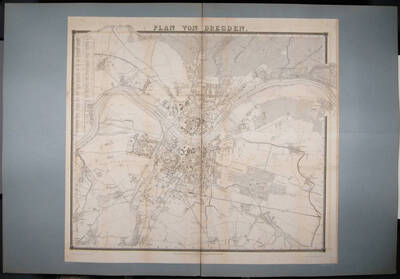 Stadtplan von Dresden aus dem Adressbuch des Jahres 1863 mit einem Verzeichnis der öffentlichen Straßen und Plätze und einem Maßstab in Schritt