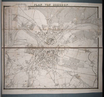 Stadtplan von Dresden aus dem Adressbuch des Jahres 1865 mit einem Verzeichnis der öffentlichen Straßen und Plätze, einer Zeichenerklärung und einem Maßstab in Schritt