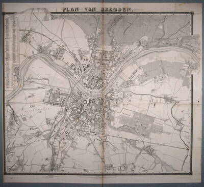Stadtplan von Dresden aus dem Adressbuch des Jahres 1866 mit einem Verzeichnis der öffentlichen Straßen und Plätze, einer Zeichenerklärung und einem Maßstab in Schritt