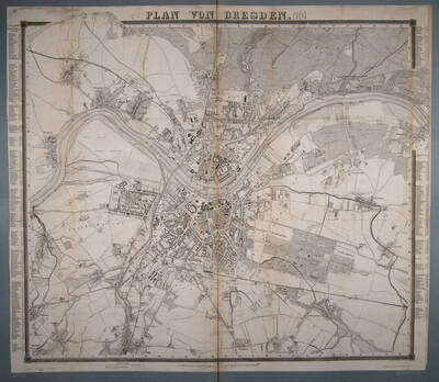 Stadtplan von Dresden aus dem Adressbuch des Jahres 1868 mit einem Verzeichnis der öffentlichen Straßen und Plätze, einer Zeichenerklärung und einem Maßstab in Schritt