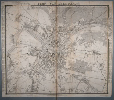 Stadtplan von Dresden aus dem Adressbuch des Jahres 1869 mit einem Verzeichnis der öffentlichen Straßen und Plätze, einer Zeichenerklärung und einem Maßstab in Schritt
