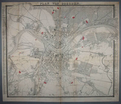 Stadtplan von Dresden aus dem Adressbuch des Jahres 1874 mit einem Verzeichnis der öffentlichen Straßen und Plätze, einer Zeichenerklärung, einem Maßstab in Schritt und den Schanzen aus dem Preußisch-Österreichischen Krieg von 1866