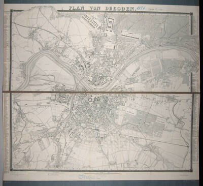 Stadtplan von Dresden aus dem Adressbuch des Jahres 1878 mit einem Verzeichnis der öffentlichen Straßen und Plätze, einer Zeichenerklärung und einem Maßstab in Schritt