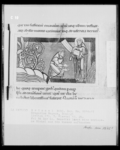 Ms 9916-17, Gregorius Magnus, Dialogi, fol. 36: Saint Benedict makes a lost sickle emerge from the water
