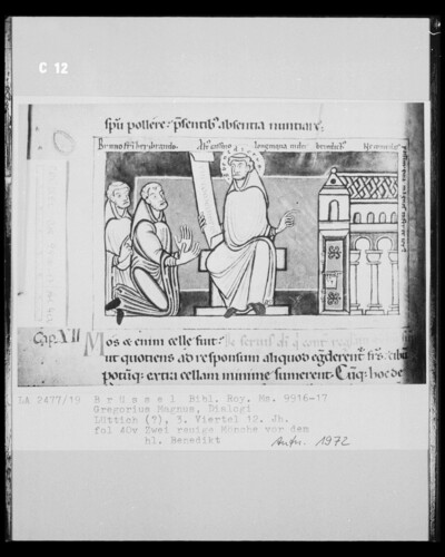 Ms 9916-17, Gregorius Magnus, Dialogi, fol. 40v: Two repentant monks before Saint Benedict