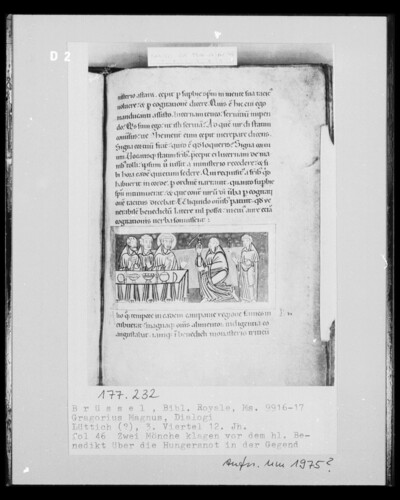 Ms 9916-17, Gregorius Magnus, Dialogi, fol. 46: Two monks complain before Saint Benedict about the famine in the area