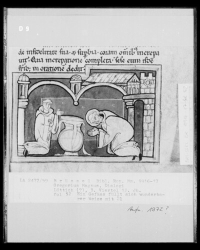 Ms 9916-17, Gregorius Magnus, Dialogi, fol. 52: Ein Gefäß füllt sich wunderbarerweise mit Öl
