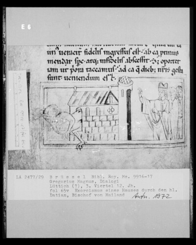 Ms 9916-17, Gregorius Magnus, Dialogi, fol. 65v: Exorcism of a house by Saint Datian, Bishop of Milan