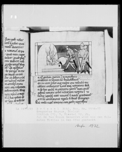 Ms 9916-17, Gregorius Magnus, Dialogi, fol. 86: The monk Benedict is put into the oven by the soldiers of Totilas