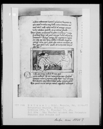 Ms 9916-17, Gregorius Magnus, Dialogi, fol. 87v: The devil attaches the shoes to the priest Stephan