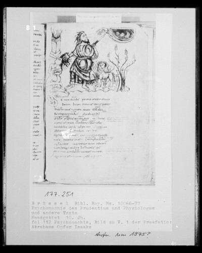 Ms 10066-77, Psychomachy of the Prudentius and Physiologus and other texts, fol. 112, Psychomachy, Picture of V. 1 of Praefatio: Abraham sacrificing Isaac