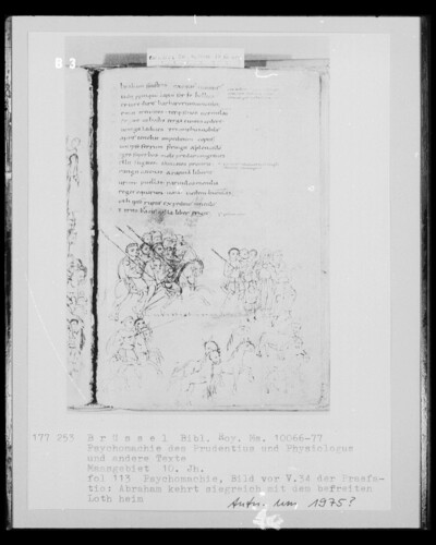 Ms 10066-77, Psychomachy of the Prudentius and Physiologus and other texts, fol. 113, Psychomachy, Picture before V. 34 of Praefatio: Abraham returns victorious with the liberated Loth heim