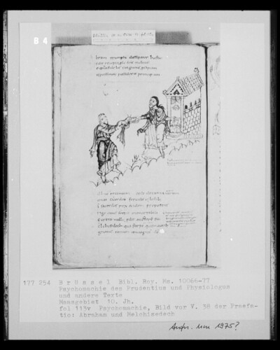 Ms 10066-77, Psychomachy of the Prudentius and Physiologus and other texts, fol. 113v, Psychomachy, Picture before V. 38 of Praefatio: Abraham and Melchisedech