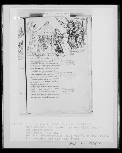 Ms 10066-77, Psychomachy of the Prudentius and Physiologus and other texts, fol. 114, Psychomachy, Picture before V. 45 of Praefatio: Abraham and the Three Angels