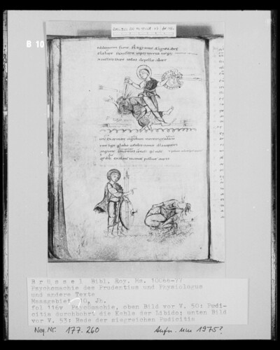 Ms 10066-77, Psychomachy of the Prudentius and Physiologus and other texts, fol. 116v, Psychomachy, Picture before V. 50 and before V. 53: Pudicitia defeats the Libido