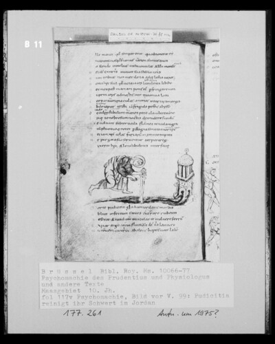 Ms 10066-77, Psychomachy of the Prudentius and Physiologus and other texts, fol. 117, Psychomachy, Picture before V. 99: Pudicitia cleans her sword in the Jordan