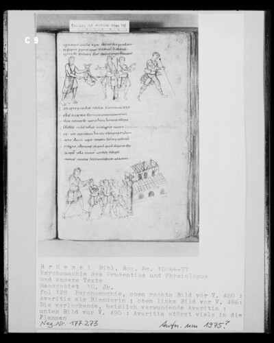 Ms 10066-77, Psychomachy of the Prudentius and Physiologus and other texts, fol. 128, Psychomachy, Picture in front of V. 480: Avaritia as Blenderin; frame in front of V. 490: Avaritia plunges many into the flames