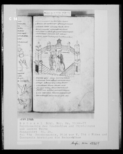 Ms 10066-77, Psychomachy of the Prudentius and Physiologus and other texts, fol. 134, Psychomachy, Picture before V. 734: Fides and Concordia ascend the speaker stage