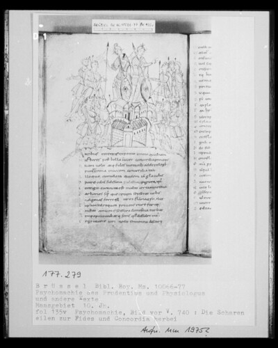 Ms 10066-77, Psychomachy of the Prudentius and Physiologus and other texts, fol. 135v, psychomachy, picture before V. 740: The droves rush to Fides and Concordia