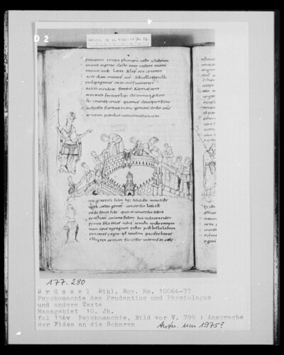 Ms 10066-77, Psychomachy of the Prudentius and Physiologus and other texts, fol. 136v, Psychomachy, Picture before V. 799: The Address of Fides